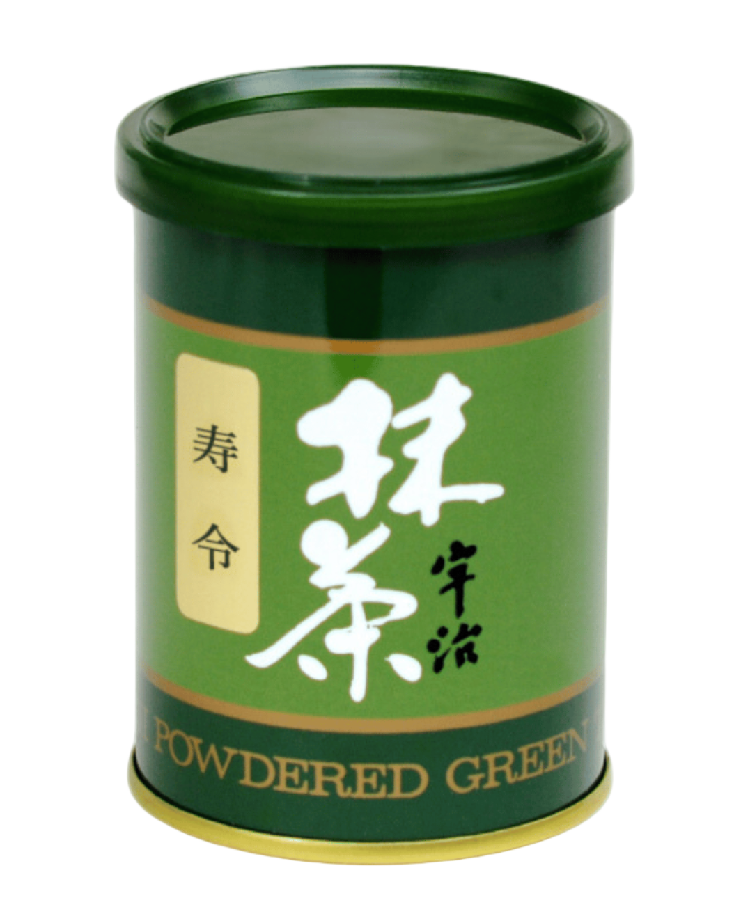 Green canister of powdered green tea with Japanese text on a white background